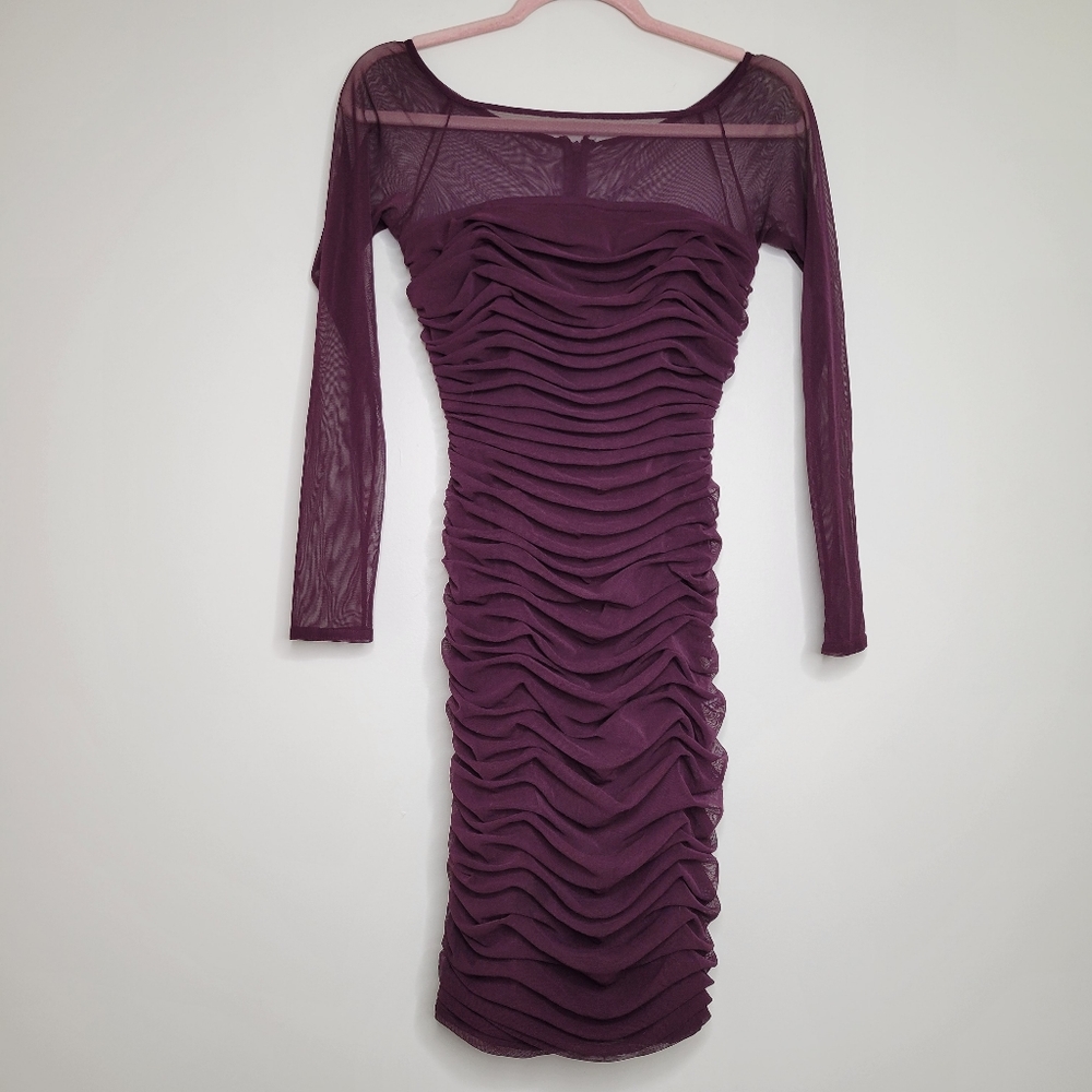 Mark Zunino purple ruched long sleeve body con mini dress 00